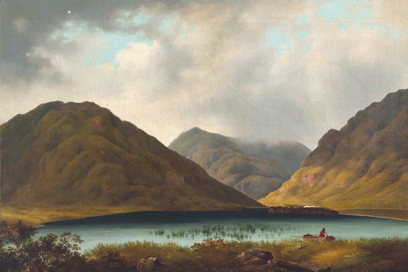 A View Of Fin Lough And Delphi Lodge, oil on canvas by James Arthur O'Connor, depicting a tranquil lake and mountains.