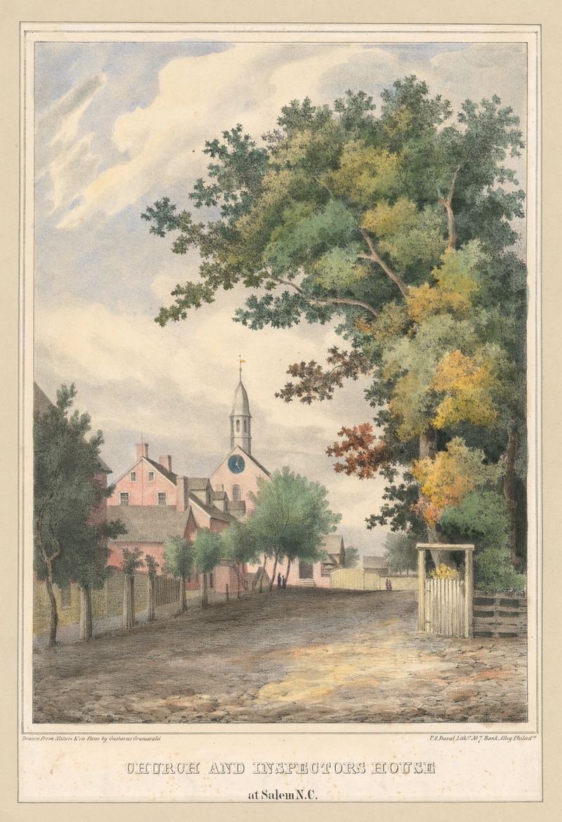 Igreja e casa de inspetores em Salem N.C. pintura a óleo de Gustav Grunewald