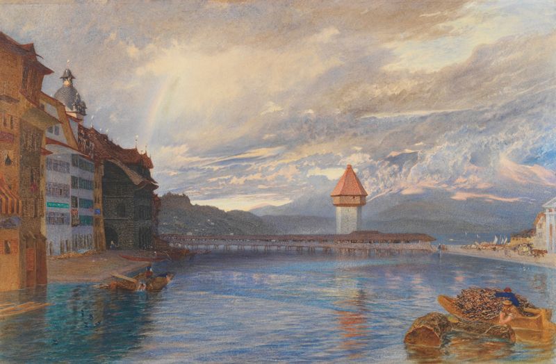Landscape depicting a tranquil lake at dawn, oil painting by Alfred William Hunt