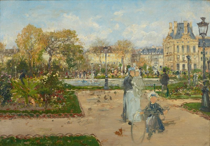Oil painting by Theodor Von Hörmann depicting figures in a garden with vibrant flowers and intricate shadows.
