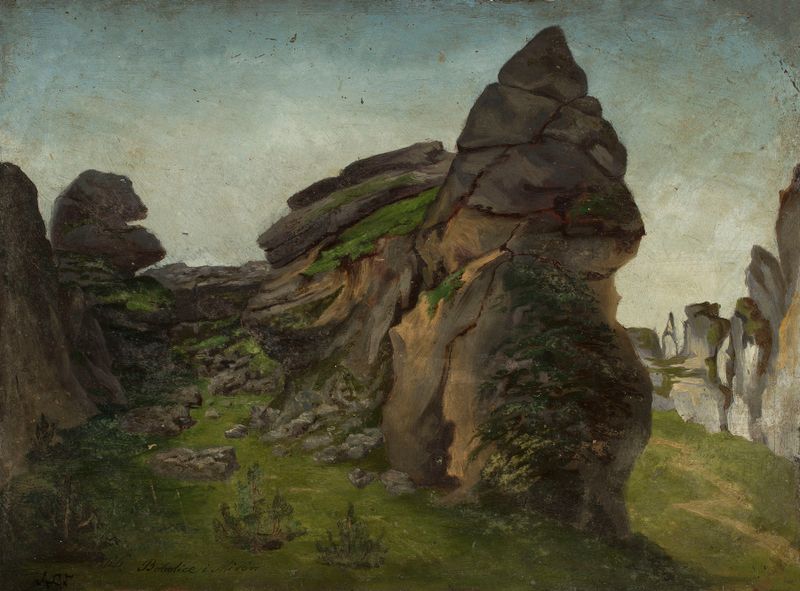 Landscape by Adrian Głębocki, depicting hills and ruins in oil painting