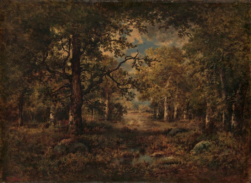 A Vista through Trees, oil painting by Narcisse-Virgile Diaz de La Peña, depicting a serene forest scene.