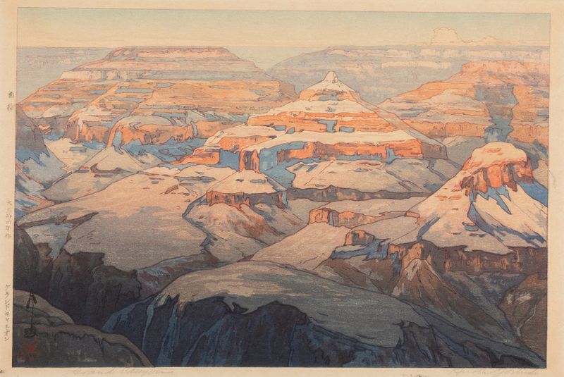 Woodblock print of Grand Canyon by Yoshida Hiroshi, showcasing cliffs and a vast sky.