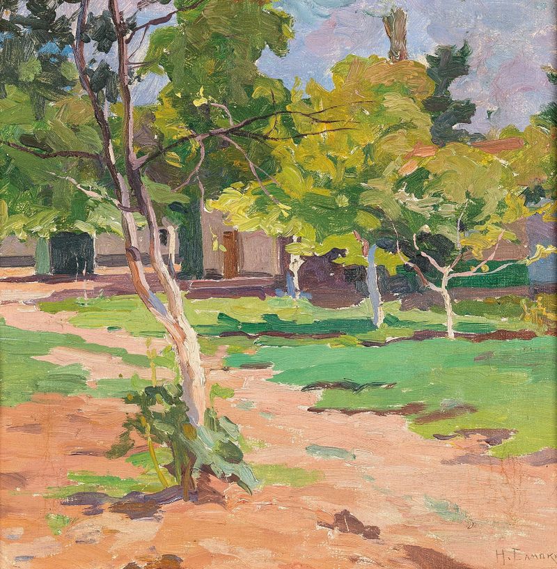 A Summer Garden de Nikolai Semenovich Samokish, impressionismo, figura entre flores vibrantes.