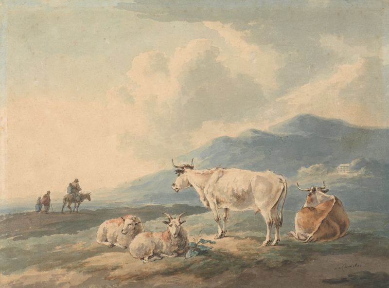 Mountain landscape with cows and goats, oil painting by Peter La Cave