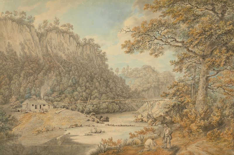 A Scene in Derbyshire by William Day, watercolor on paper, depicting a river and industrial works.
