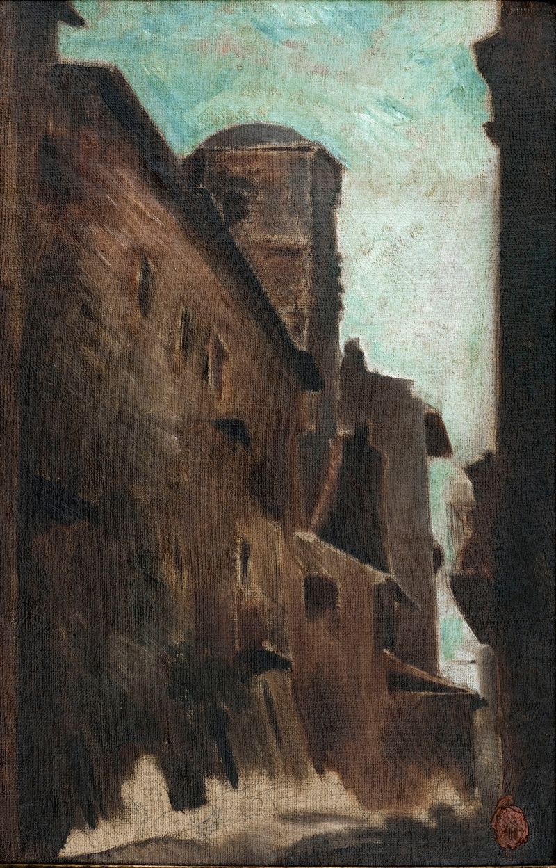 Genre scene depicting a street with figures and cobblestones, oil painting by Jean-Baptiste Carpeaux