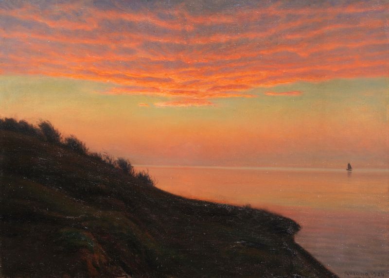 Sunset over the sea in Abendstimmung an der dänischen Küste by Albert Edvard Wang, oil painting.
