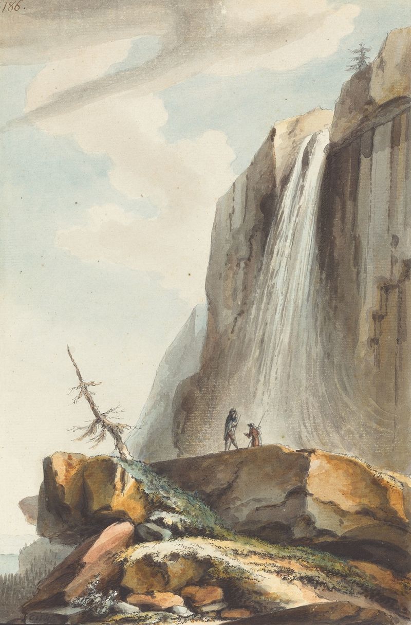 Cascade dessus Wasserberg by Caspar Wolf, oil painting depicting a waterfall in a vibrant forest.