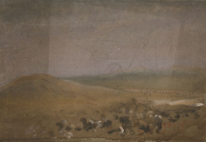Paisagem de Edwin Austin Abbey, pintura a óleo que retrata colinas e luz dourada.