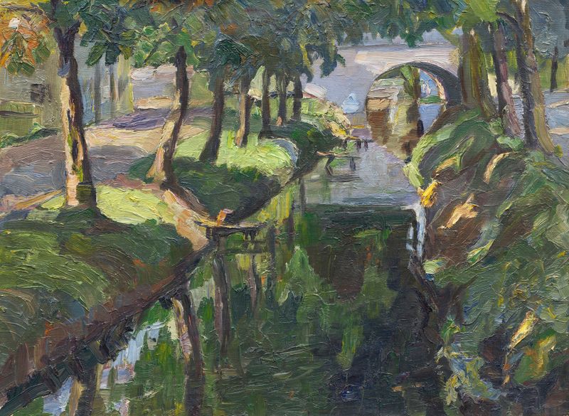 óleo de Hermann Stenner representando um canal com castanheiras e reflexos