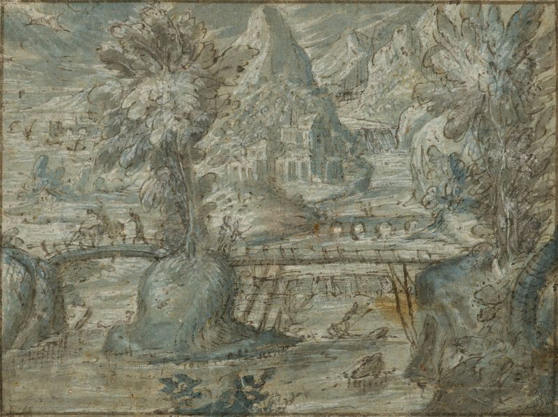 Landscape with a bridge over a river, oil on canvas by Lodewijk Toeput