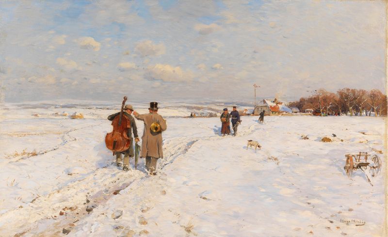 Heimkehrende Musikanten im Schnee by Hugo Mühlig, oil on canvas, musicians walking through snow