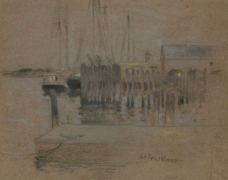 Gloucester Harbor by John Henry Twachtman, oil painting depicting gentle water reflections and soft light.