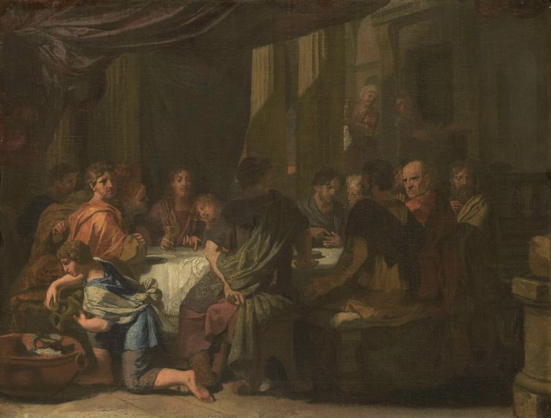 A Última Ceia óleo de Gerard de Lairesse, retratando uma reunião com pão e vinho.