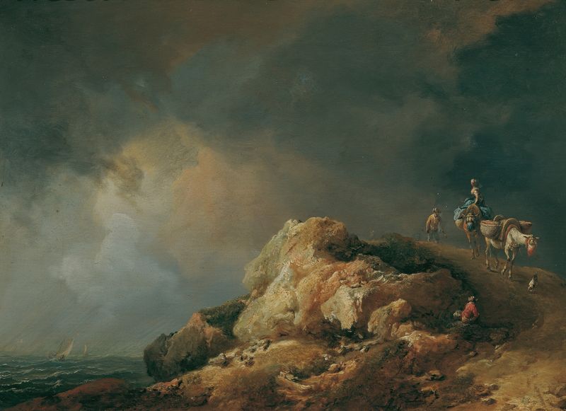 Paisagem costeira com figuras e ondas, pintura a óleo de Johann Christian Brand