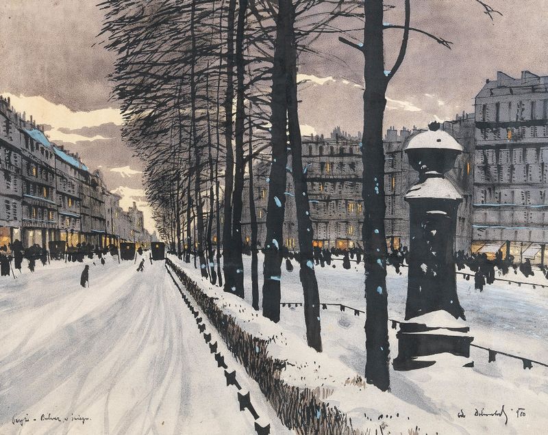 A Paris Boulevard in the Snow de Odo Dobrowolski, pintura al óleo que muestra una escena invernal con nieve y farolas.