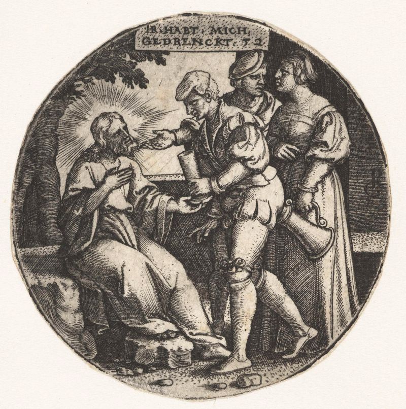 Engraving by Georg Pencz depicting a figure offering a cup of water in a religious scene.