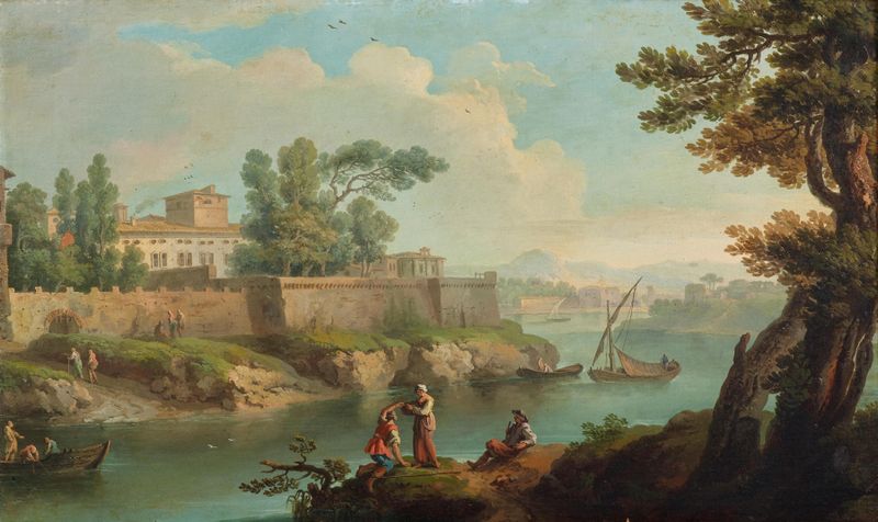 River landscape with fishermen and travellers at rest, oil on canvas by Paolo Anesi