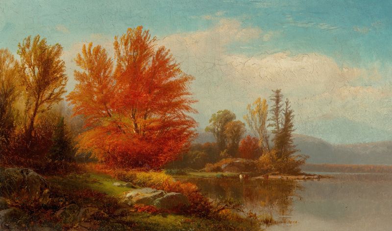 Autumn landscape by William Hart, oil on canvas, featuring vibrant colors and a forest scene.