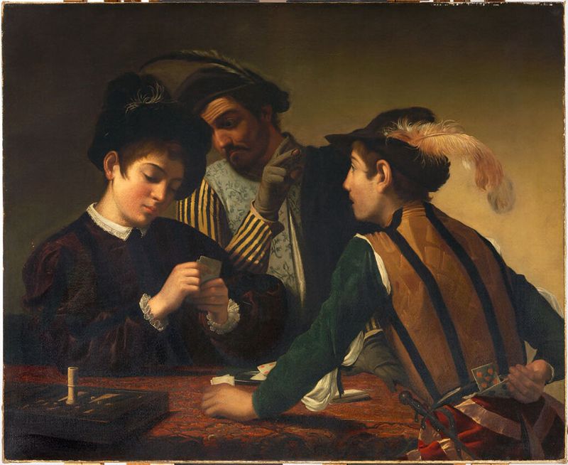 Escena de género de jugadores de cartas, óleo sobre lienzo de un artista no identificado
