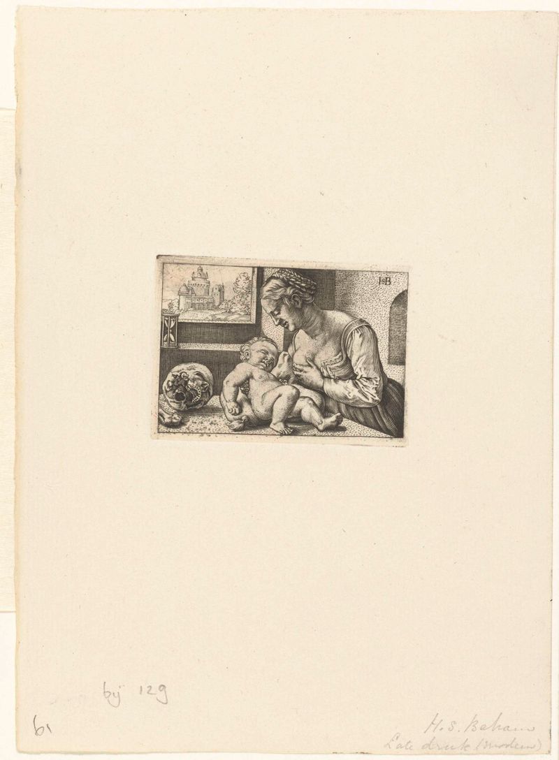 Gravura de Hans Sebald Beham de uma mãe amamentando seu filho