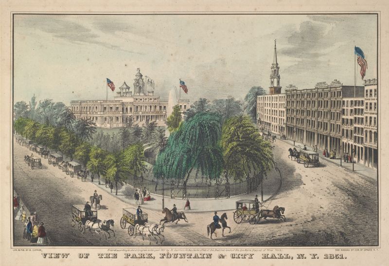 Litografía de Currier & Ives que muestra un parque con una fuente y el ayuntamiento de 1851.