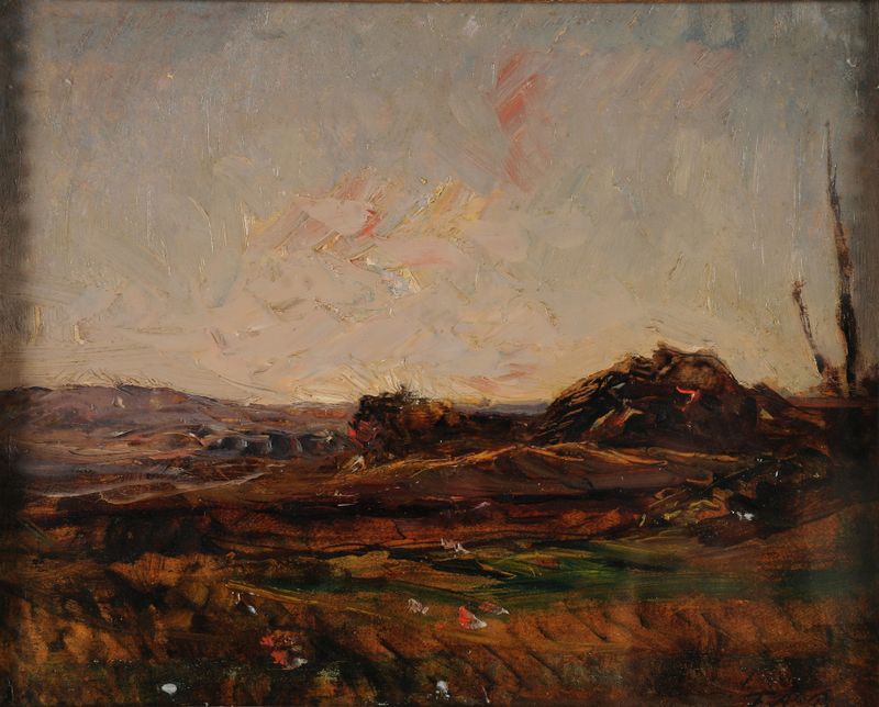 Pintura de paisaje al óleo de François-Auguste Ravier que representa colinas al atardecer y suaves sombras.