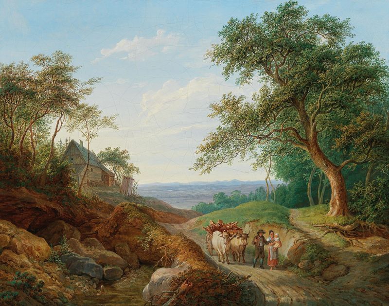 Um casal de camponeses com um carro de madeira em uma vasta paisagem do Danúbio, óleo sobre tela de Matthias Rudolf Toma