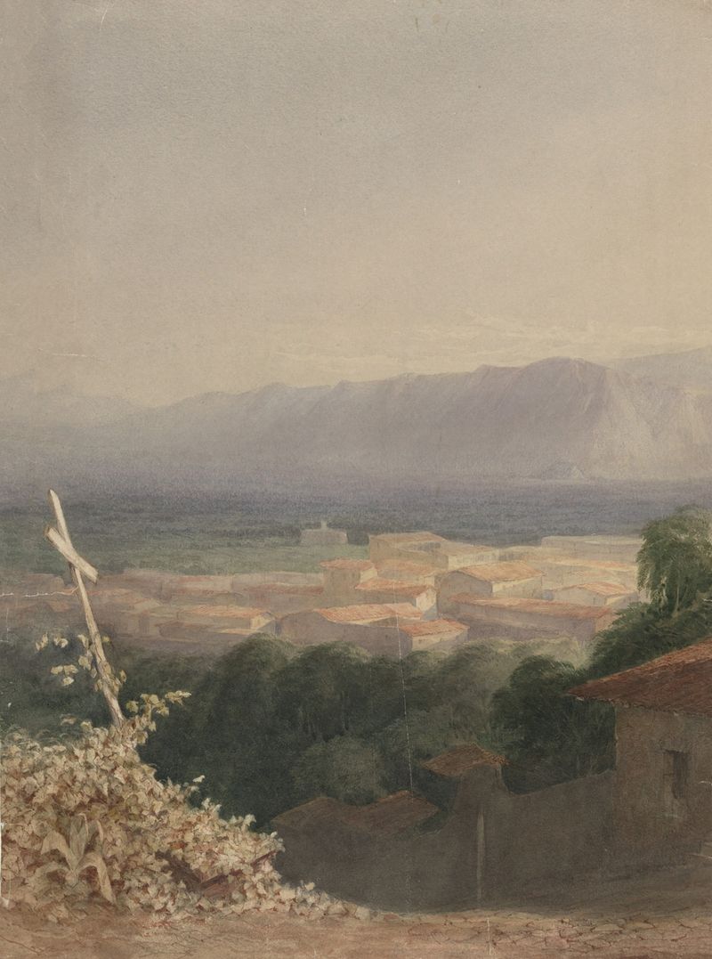 Mt. Etna oil painting by John Ferguson Weir depicting a stormy landscape with swirling clouds.