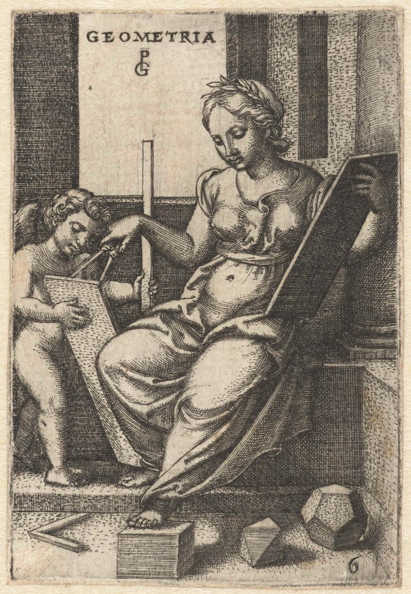 Grabado abstracto de Georg Pencz con líneas geométricas y estructura de cuadrícula.