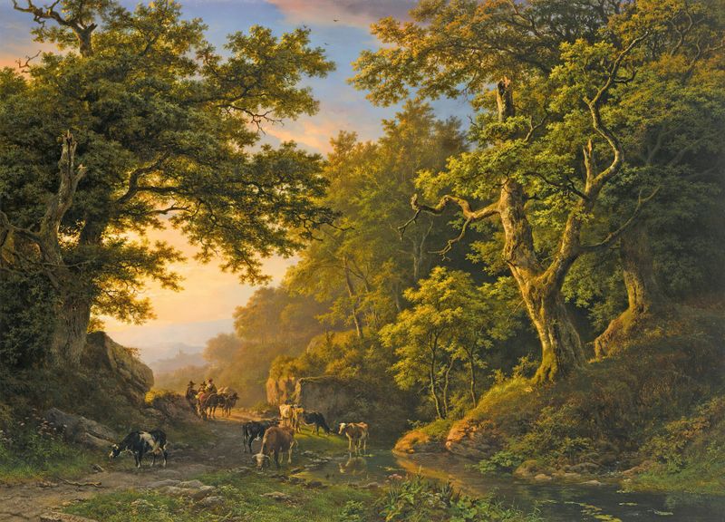 Figuras em uma paisagem arborizada, óleo sobre tela de Barend Cornelis Koekkoek