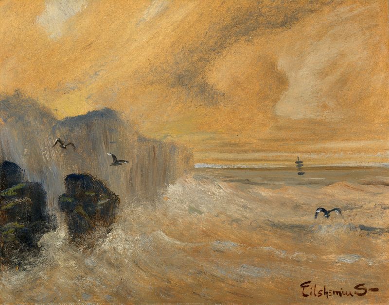 Rocky Seashore óleo de Louis Michel Eilshemius mostrando rochas e ondas.