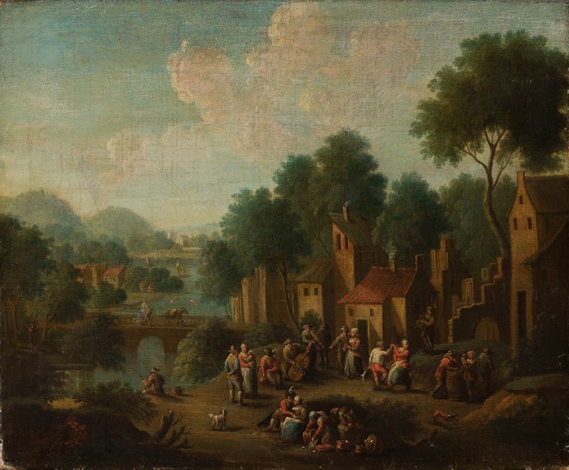 Genre scene depicting peasants at play in a vibrant landscape, oil painting by Franz de Paula Ferg.