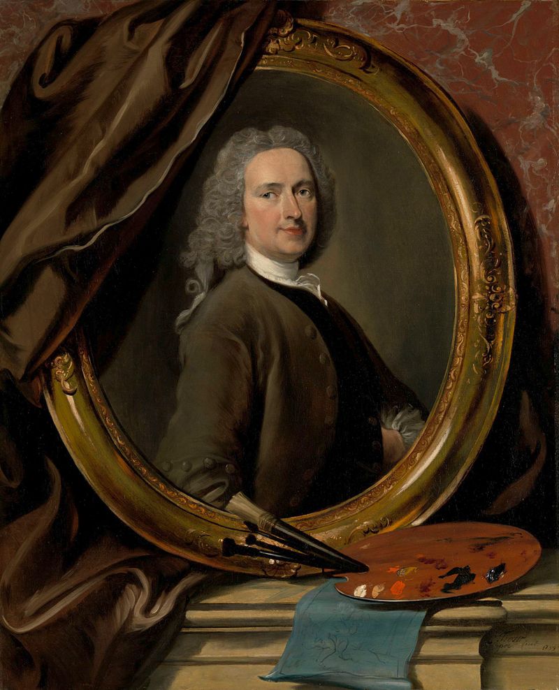 Self-portrait by Cornelis Troost, oil on canvas, featuring a man in a jabot and a mirror.