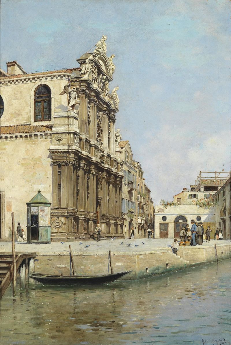 Renaissance figurative oil painting by Rafael Senet y Perez, depicting graceful figures in pastel colors.