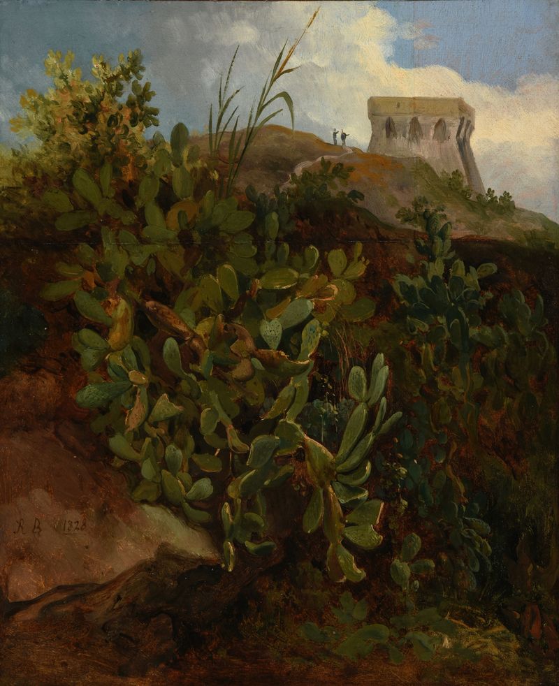 Tour et cactus de Jacques-Raymond Brascassat, pintura al óleo que representa un cactus en un paisaje vibrante