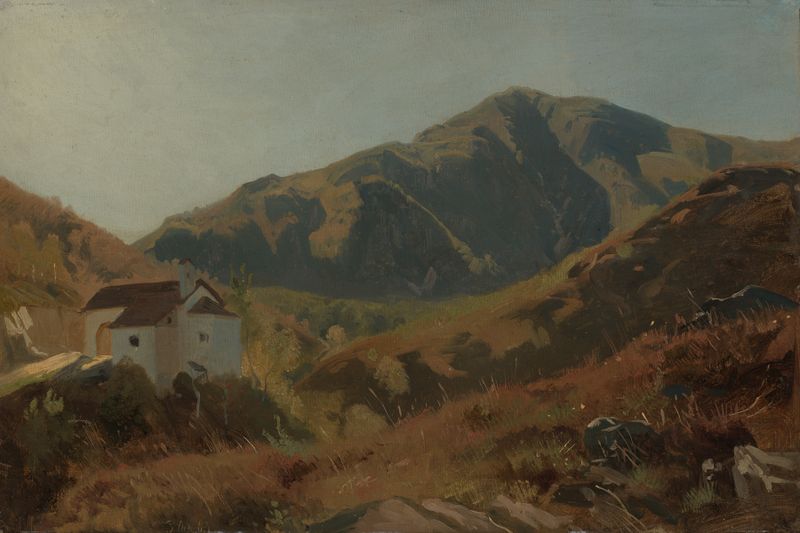 Kapelle im Tessin by Eugen Bracht, oil on canvas depicting a chapel in a Swiss landscape.