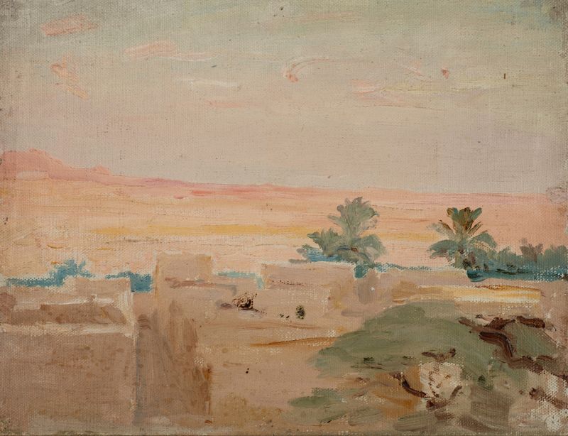 Biskra – Desert (Evening) pintura al óleo de Jan Ciągliński que muestra un paisaje desértico sereno al atardecer