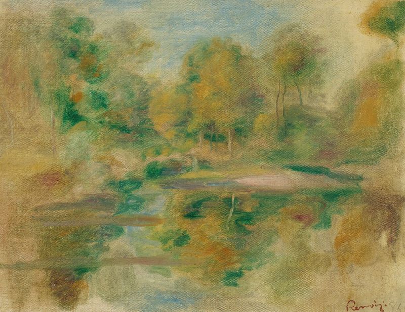 Pintura a óleo de Pierre-Auguste Renoir retratando um lago tranquilo e árvores
