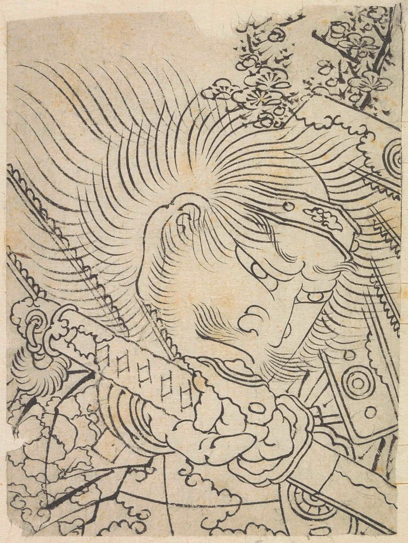 Retrato de la cabeza de un samurái rodeada de flores de cerezo, ukiyo-e de Katsushika Hokusai