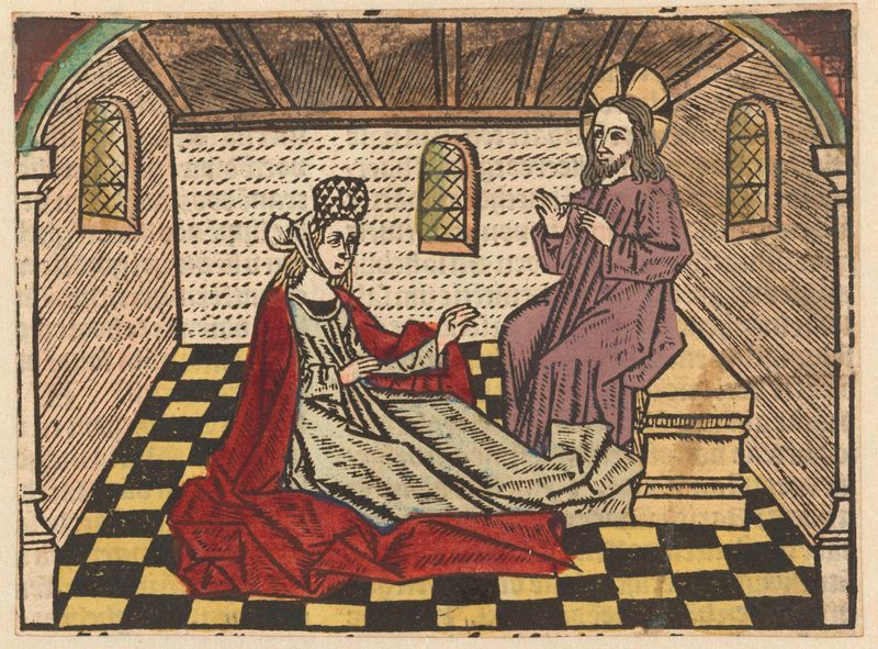 Oil on panel by Meester van Antwerpen depicting Mary Magdalene listening to Christ with a halo.