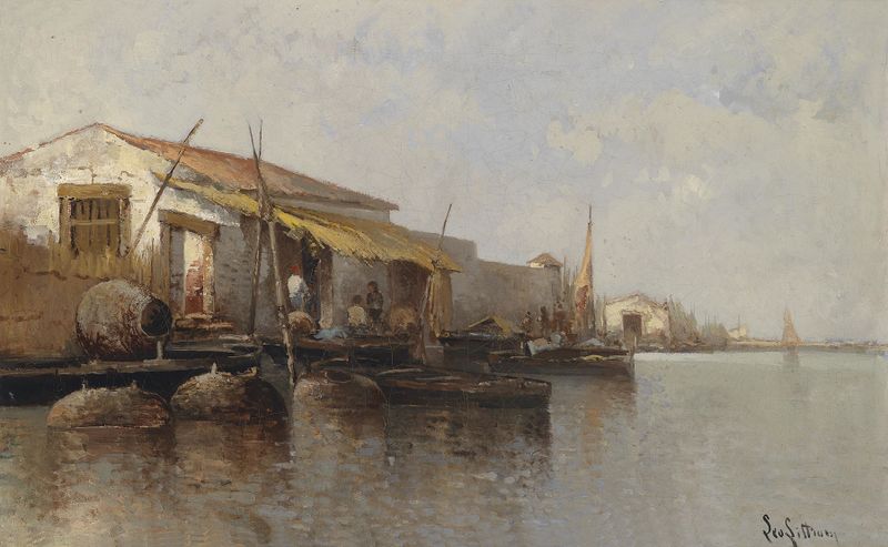 Oil painting by Leontine von Littrow depicting a tranquil lagoon with soft light.