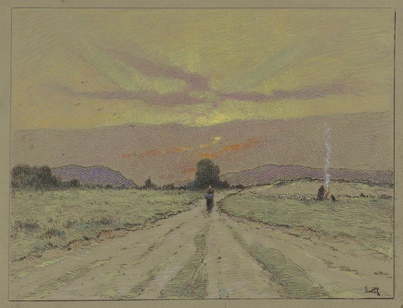 Landscape oil painting by Marie-Joseph-Leon Clavel featuring a sunset path.