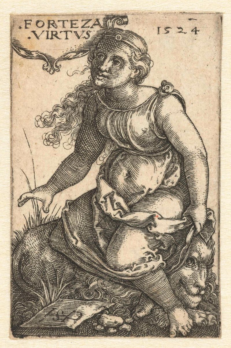 Grabado Kracht (Fortitudo) de Hans Sebald Beham que representa una figura muscular.