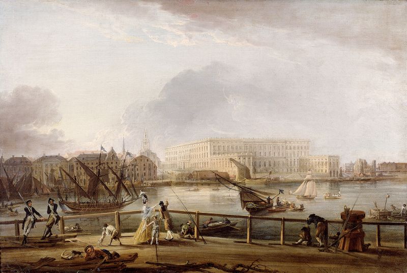 Landscape depicting Stockholm Palace from Skeppsholm Bridge, oil painting by Elias Martin