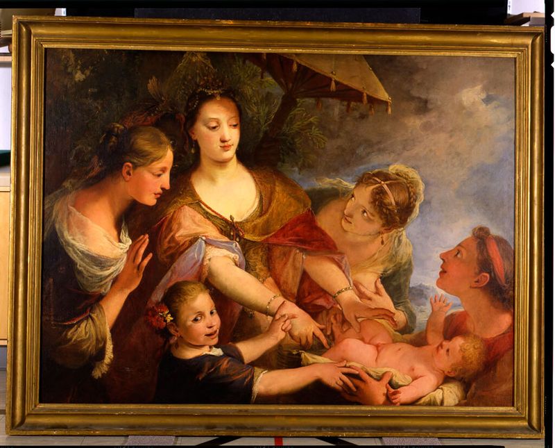 Pintura religiosa de Antonio Bellucci retratando o infante Moisés em um ambiente exuberante.