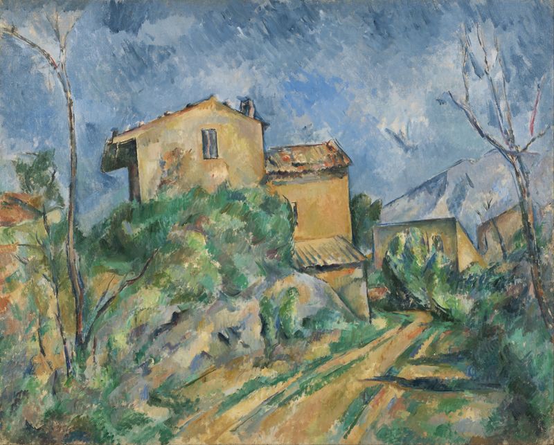 Maison Maria com vista para o Château Noir de Paul Cezanne, óleo sobre tela, retratando uma casa e montanhas.