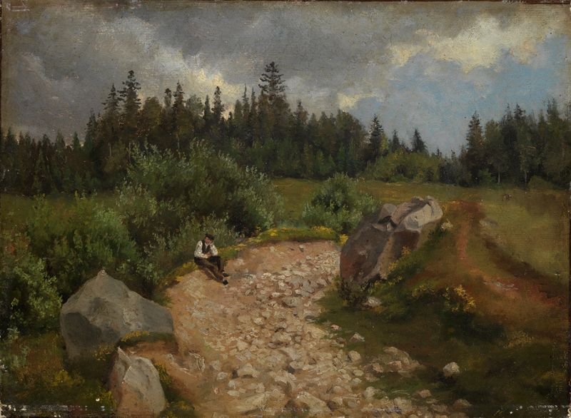 Paisaje con un hombre sentado en un camino en un bosque, óleo de Hans Thoma