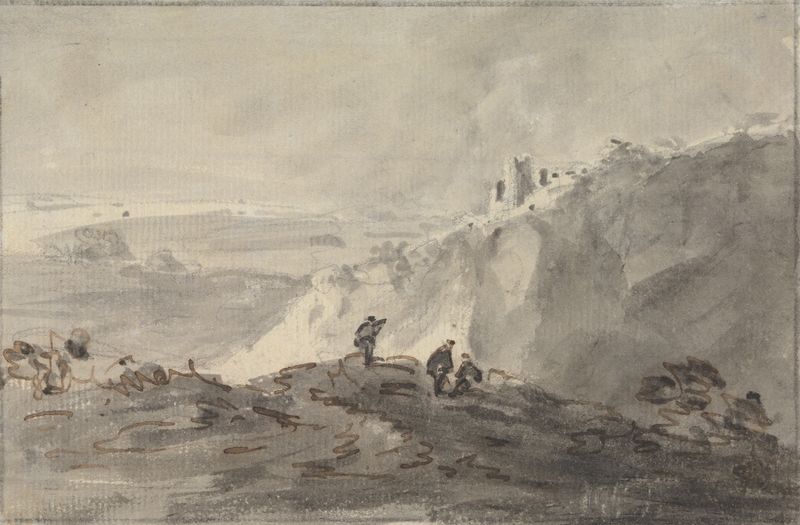 Tres figuras en un paisaje montañoso con ruinas, pintura al óleo de William Gilpin